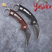 Hunting Knife Folding Damascus Blade Claw Shape Leather Scabbard Collectible - $67.80