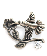 VTG Hummingbird Flying Bird Flower Clear Rhinestone Silver Tone Brooch Pin - $247.32 MXN