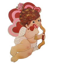 Vintage Flocked Valentines Day Cupid w/ Bow &amp; Hearts 22” Decor Love Cherub EUC - £8.23 GBP