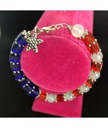 Patriotic Red White Blue Bracelet Square Glass Beads White Round Quartz  - £23.69 GBP
