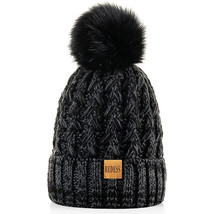 Designer Women Winter Pom Pom Beanie Hat with Warm Fleece Lined Black On... - $13.07