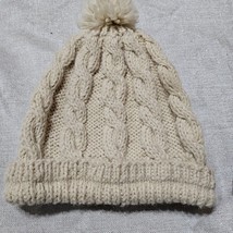 Wool Blend Cable Knit Pom Beanie Hat Hand Made Grannycore Donegal Fleck - £9.23 GBP