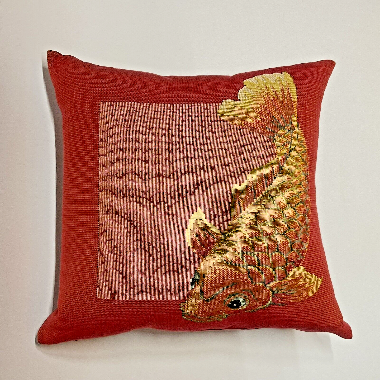 ART de LYS France Tapestry Koi Fish Throw Pillow Down 18x18 French Goldfish Red. - £41.08 GBP