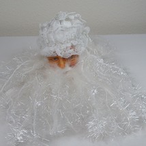 Santa Claus Head Christmas Ornament Sparkly Beard White Flower Hat Plastic FLAW - $9.75