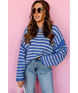 Sky Blue Casual Stripe Round Neck Drop Shoulder Sweater - $181.92