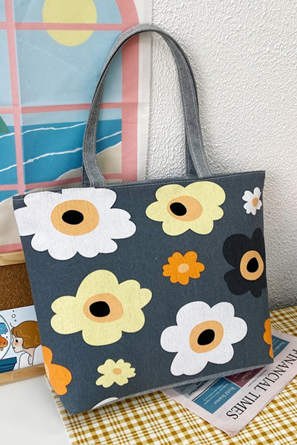 Dark Grey Flower Canvas Tote Bag - $12.62
