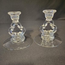 Pair (2) Cambridge Clear No Etch 5 1/4&quot; KEYHOLE Glass Candlesticks 3400/... - $24.74