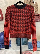 VICTORIA BECKHAM Red/Navy Houndstooth Crew Neck Knit Sweater Sz XS $650 NWT - $287.00