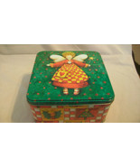 DECORATIVE METAL TIN, CHRISTMAS ANGEL, TREE AND HOLLY - $10.69