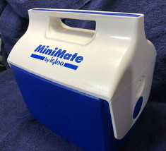 Vintage MiniMate by Igloo Personal Cooler/Lunch Box Blue &amp; White Push Button - £11.85 GBP