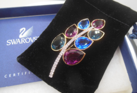 Vintage Swarovski Swan logo Purple, Blue Crystal Leaf Brooch - $148.50