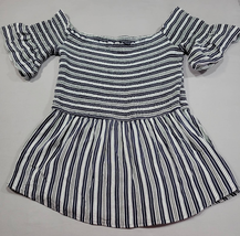 Maurices Women Shirt Size M Black Stretch Preppy Stripe Ruffle Short Bell Sleeve - £7.81 GBP