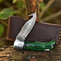 Custom Handmade Damascus Folding Blade Pocket knife - GutHook Skinning B... - $23.72