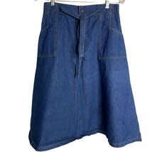 Vintage 70s Denim Jean Skirt S Med Wash Pockets Elastic Waist Snap Zip - £44.67 GBP