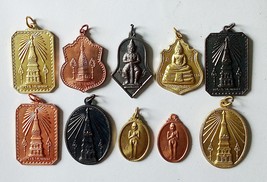 10 Thai Buddhist Buddha Buddhism Lucky Charms Amulet Pendants Set Blessed Brass  - £15.17 GBP
