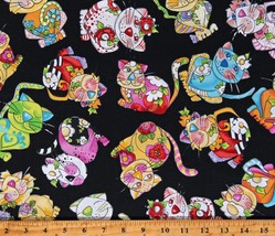 Cotton Colorful Cats Kids Calico Toss Black Fabric Print by the Yard D413.35 - $13.95