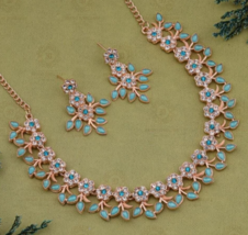 Bollywood Style Indian CZ Blue Choker Necklace Earrings Delicate Jewelry Set - £15.17 GBP