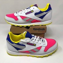 NWOB Reebok Classic Color Block Neon Leather Shoes Sz 7 Pink Acid 80s Look - £47.93 GBP