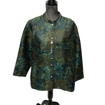 Tudor Court Jacket Womens Size 1X Green Teal Silver Tapestry Button Up B... - £15.15 GBP