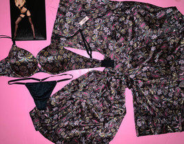 Victoria&#39;s Secret 34D Bra SET+O/s Thong+Kimono Robe Black Hot Pink Yellow Floral - £94.95 GBP