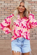 Pink Blooming Floral Print Puff Sleeve Buttoned Shirt - £22.96 GBP