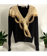 Vtg 80s Dana Scott Black Gold &amp; Cream Metallic Beaded Sweater Top M V Ne... - $48.37 CAD