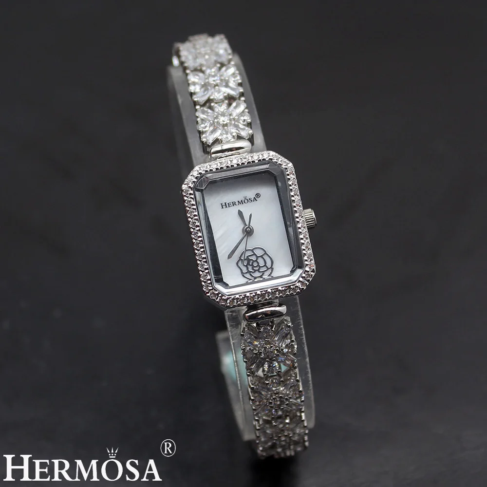 Quartz Wristwatch Natural Whitetopaz Rectangle Watch Lady Bracelet Nice Jewelry  - £61.10 GBP