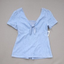 Old Navy Denim Chambray Bow Tie Front Top Size XS Baby Blue V-neck NWT Shirred - £15.14 GBP