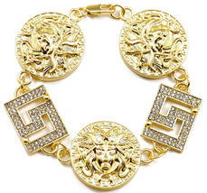 Bracelet New 3 Pendant Head and 2 Greek Keys 8 7/8 Inches 10mm Wide Cuban Link - £19.63 GBP