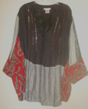 Ulla Popken 28/30 Kimono Top Black/Red/Gray 3/4 Sleeves V-neck Sequins - £14.62 GBP