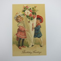 Postcard Birthday Greeting Antique Girl Pink Dress Boy Sailor Roses Embossed - £7.96 GBP
