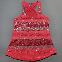 Vanity Women Tank Size M Red Cherry Stretch Glitzy Sequin Classic Scoop Neck Top - £9.90 GBP