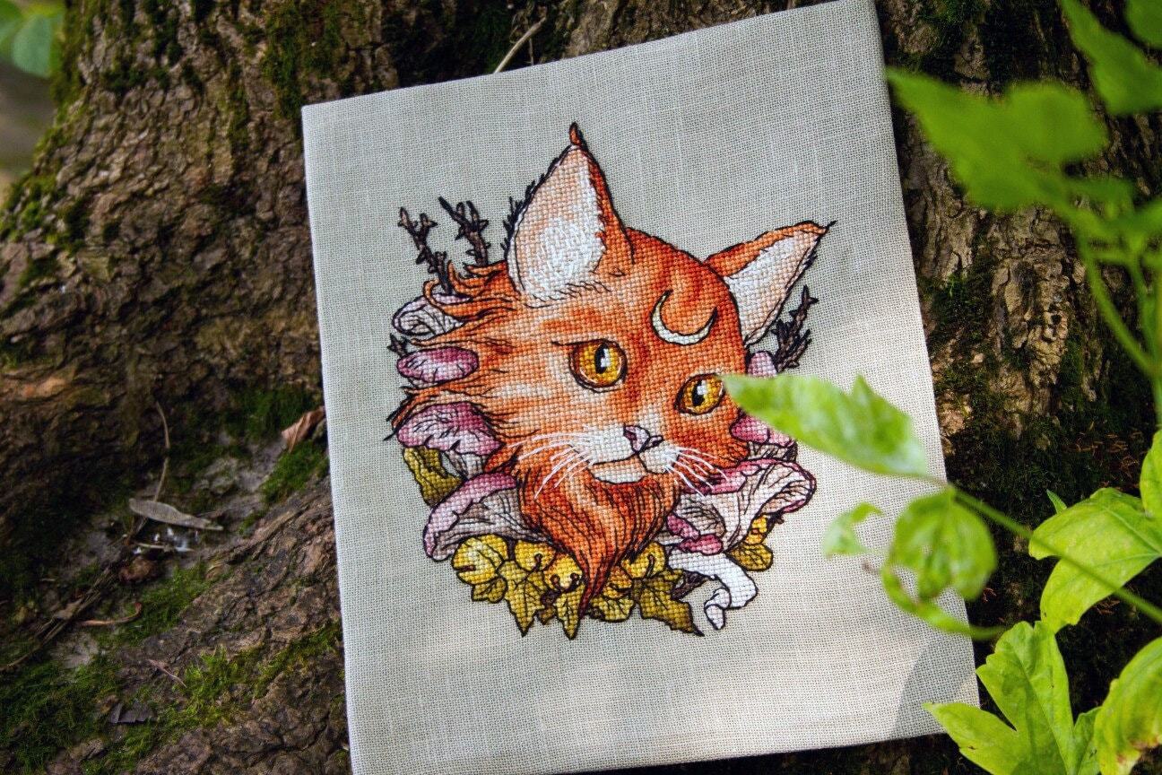 Wildcat Cross stitch mushrooms pattern pdf - Lynx cross stitch woodland  - $8.99