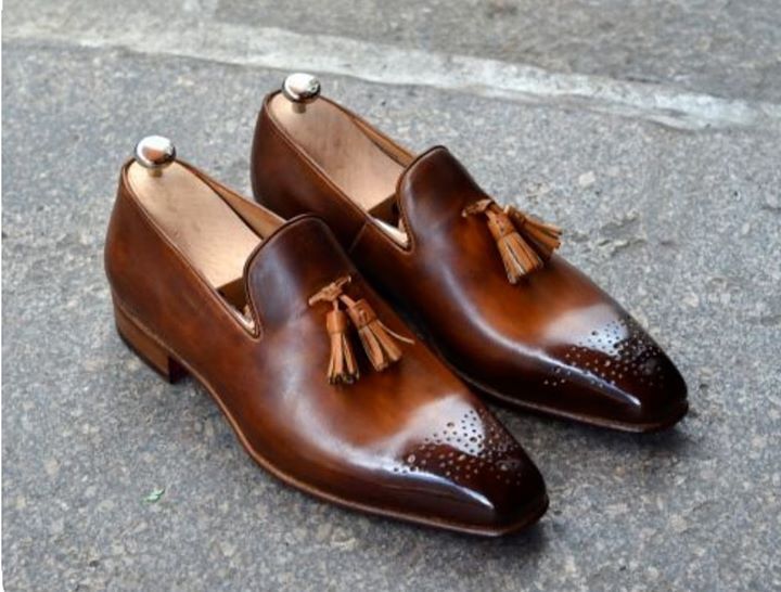 Brown Tassel Loafer Burnished Brogue Toe Slip Ons Genuine Leather Handmade Shoes