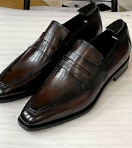 Men&#39;s Handmade Penny Loafer Brown Cowhide Leather Moccasins Dress Formal Shoes - £124.90 GBP