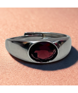 925 Silver Natural Garnet Oval Ring 6x9mm Adjustable Wide Band January Gift - $39.00