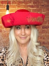 Vintage B Michael Women&#39;s Church Red Hat Red Feather Crown Diamond Trim ... - $61.48