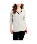 Style &amp; Co V Neck Striped Trim Sweater Tunic Pull Over Varsity Grey Size... - £24.43 GBP