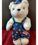 SKM Enterprises White Teddy Bear w/ overalls &amp; cap Plush Stuffed Animal ... - £7.74 GBP