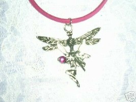New Classic Vintage Fairy &amp; Dragonfly W Pink Crystal Gem Pewter Pendant Necklace - £6.83 GBP