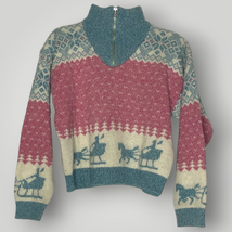 Vintage Woolrich 1/4 Zip Wool Cropped Sweater Pink Blue Cream Sleigh Wom... - $62.89