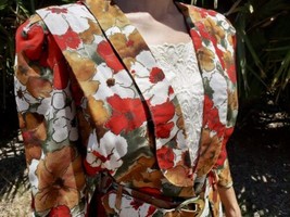 Floral Pleated Dress Sz 10  Med Modesty Panel Belted Collar Vtg 80s Red ... - £45.37 GBP