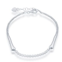 Sterling Silver Double Strand with Long Thin Row of CZs Bracelet - £56.06 GBP
