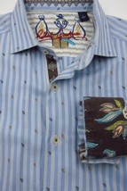 Robert Graham Money Bags Blue Stripe Paisley With Floral Flip Cuff Shirt Size L - £50.66 GBP