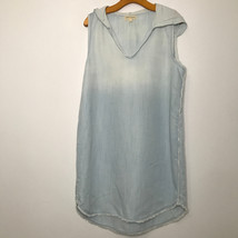 Cloth Stone L Dress Blue Chambray V Neck Hooded Sleeveless Shift Casual Pullover - £52.62 GBP