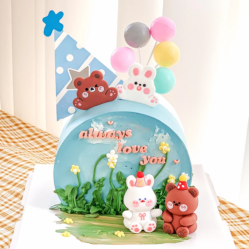 Play Cartoon Rabbit Bear Doll Gift Resin Cake Topper Cute Sticker Colorful Ballo - £23.10 GBP