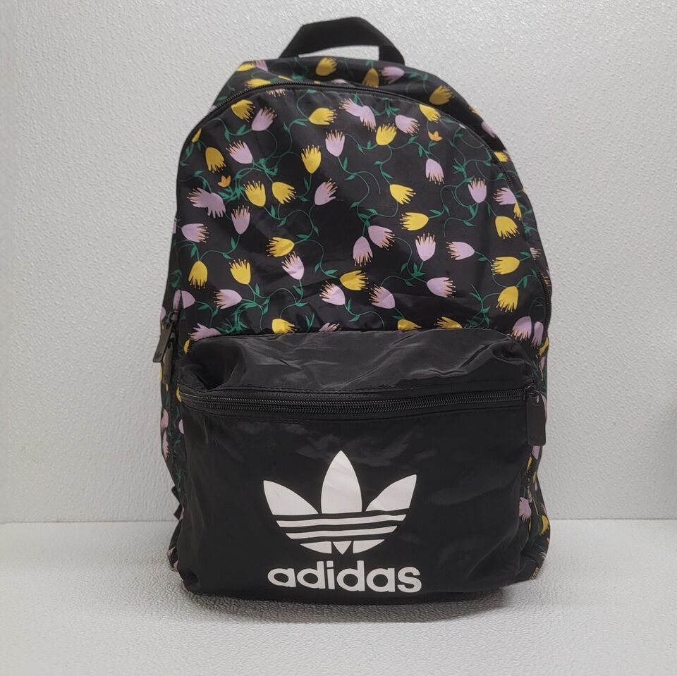 Adidas Floral Graphic Backpack Black Purple Yellow Flowers Lightweight - $19.27