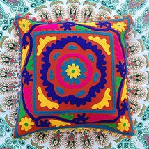 Traditional Jaipur Boho Throw Suzani Pillow, Embroidered Cushion Covers 16&quot;x 16&quot; - £10.35 GBP