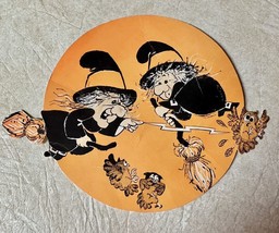 VTG Halloween Cute Witch On Broom Zapping Owl Die Cut Paper Wall Decor Orange - £8.48 GBP