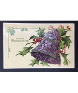 Antique German Christmas Card Textured Finish Floral Bell &amp; Holly 1914 - $19.00